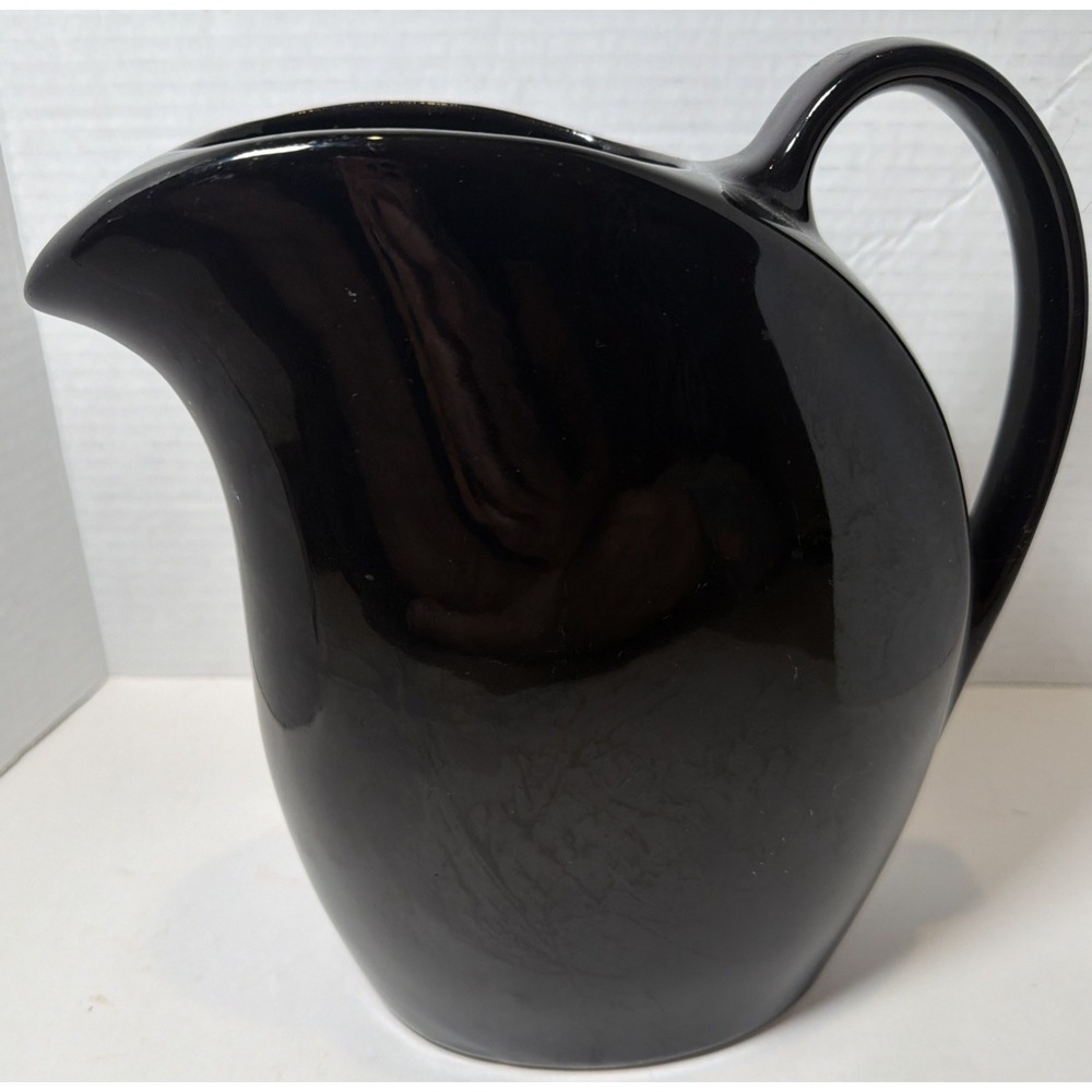 Vintage Hall Mid Century Modern Water Pitcher, Glossy Black Pottery
